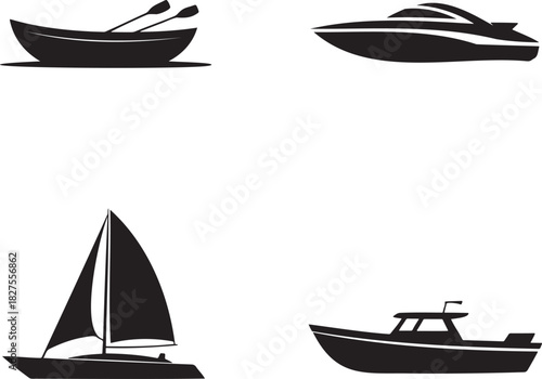 Boat Silhouette Vector Set – Rowboat, Speedboat, Sailboat, and Motorboat Icons 