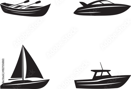 Boat Silhouette Vector Set – Rowboat, Speedboat, Sailboat, and Motorboat Icons 