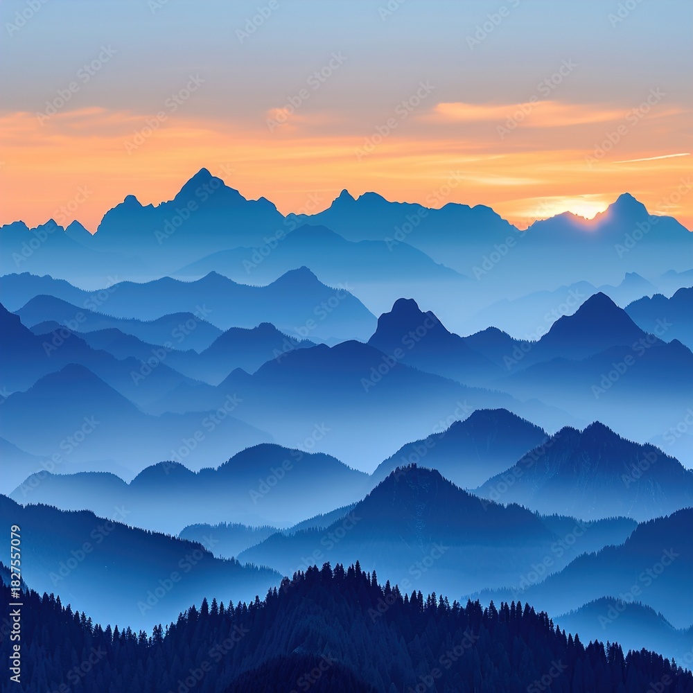 Obraz premium Blue mountain range at sunset, breathtaking landscape for travel and adventure themes