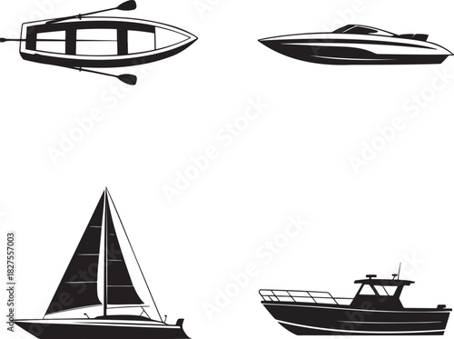 Boat Silhouette Vector Set – Rowboat, Speedboat, Sailboat, and Motorboat Icons 