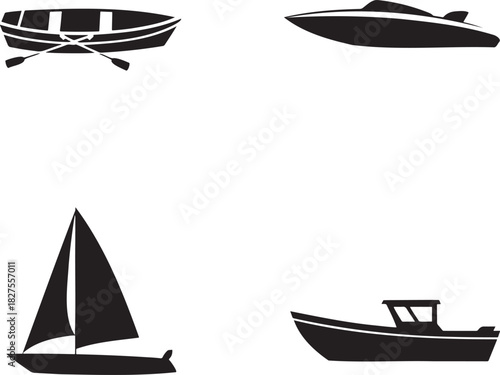 Boat Silhouette Vector Set – Rowboat, Speedboat, Sailboat, and Motorboat Icons 