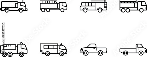 Flat Line Vehicle Icon Set – Taxi Car Icon, Bus Icon, SUV Icon, Sedan Taxi Icon – Minimal Outline Transport Icons for Web, App UI, Delivery, Automotive Design