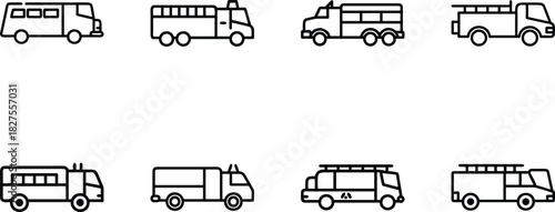 Flat Line Vehicle Icon Set – Taxi Car Icon, Bus Icon, SUV Icon, Sedan Taxi Icon – Minimal Outline Transport Icons for Web, App UI, Delivery, Automotive Design