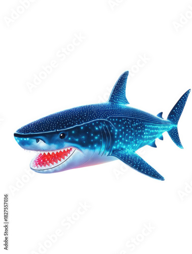 Fantasy LED shark swimming in white space, great for children’s educational materials, marine life infographics, and creative advertising.