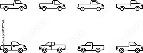 Flat Line Vehicle Icon Set – Taxi Car Icon, Bus Icon, SUV Icon, Sedan Taxi Icon – Minimal Outline Transport Icons for Web, App UI, Delivery, Automotive Design