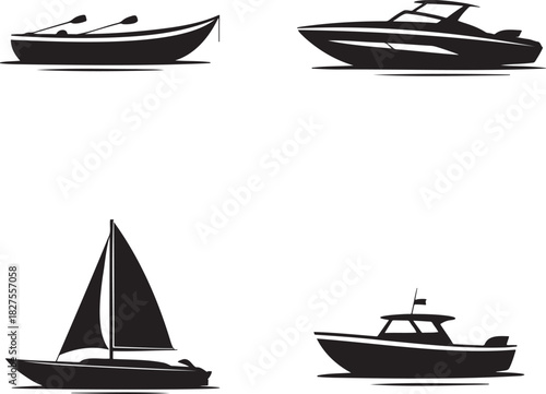 Boat Silhouette Vector Set – Rowboat, Speedboat, Sailboat, and Motorboat Icons 