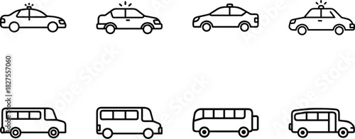 Flat Line Vehicle Icon Set – Taxi Car Icon, Bus Icon, SUV Icon, Sedan Taxi Icon – Minimal Outline Transport Icons for Web, App UI, Delivery, Automotive Design