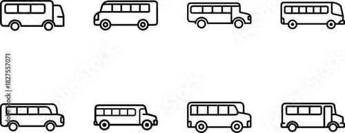 Flat Line Vehicle Icon Set – Taxi Car Icon, Bus Icon, SUV Icon, Sedan Taxi Icon – Minimal Outline Transport Icons for Web, App UI, Delivery, Automotive Design