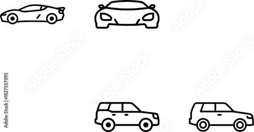 Flat Line Vehicle Icon Set – Taxi Car Icon, Bus Icon, SUV Icon, Sedan Taxi Icon – Minimal Outline Transport Icons for Web, App UI, Delivery, Automotive Design
