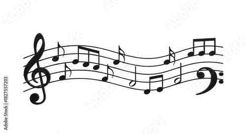 Black musical staff with wavy lines, clefs, and various notes, crisp edges, transparent, shadowless background, high-key studio light, minimalist design, concept of abstract business planning