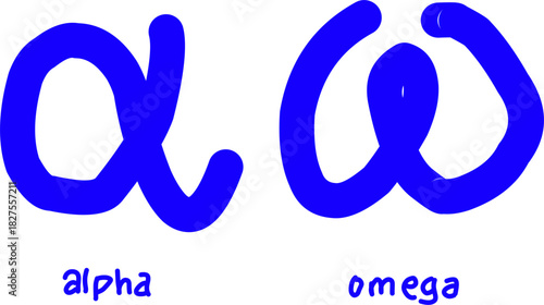 Bold blue handwritten Greek letters alpha and omega with labels beneath. A simple symbolic design ideal for education, typography, logos, and philosophical or spiritual themes.
