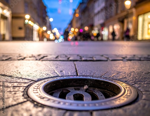 Low-angle view of cobblestone street with a drain, blurred background