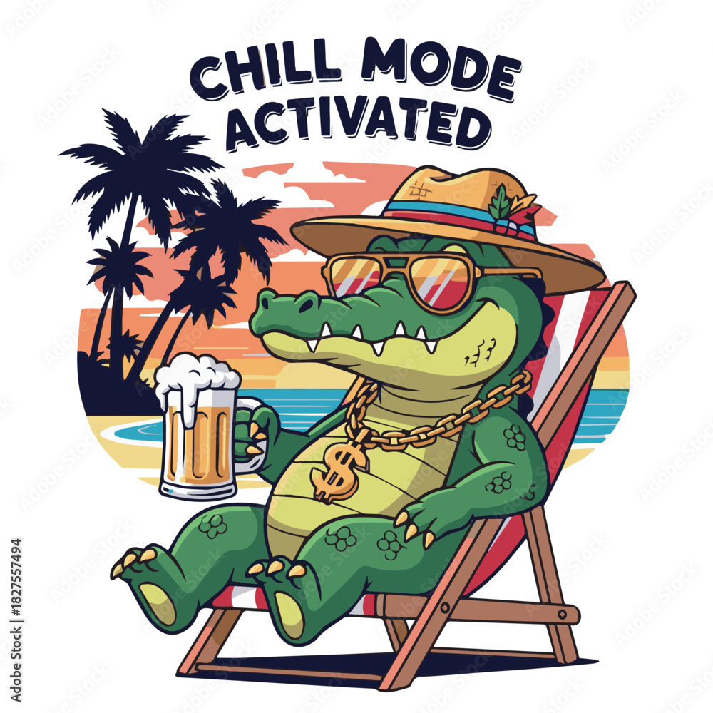 Obraz premium Relaxed alligator lounging on a beach chair with a drink at sunset, creating a humorous tropical vibe with fun summer energy