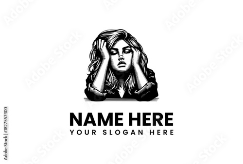 Vector illustration logo of a distressed woman, black and white logo design with slogan space