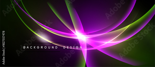 Abstract vibrant design. Swirling purple, green light emanates from central point against black backdrop. Modern, dynamic composition.