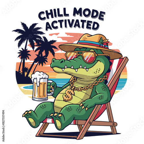 Relaxed alligator lounging on a beach chair with a drink at sunset, creating a humorous tropical vibe with fun summer energy