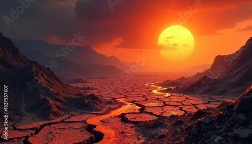 A desolate, cracked earth landscape under a fiery, hazy sun, illustrating the effects of extreme global warming and a runaway greenhouse effect , scorched earth, air pollution