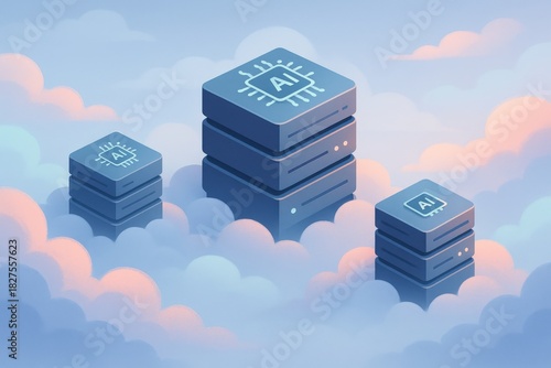 Cloud based artificial intelligence infrastructure symbolizing digital transformation and future technology, showcasing data servers interconnected within a serene atmospheric backdrop