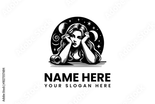Sad Celestial Woman Thinking Illustration Logo Vector Art