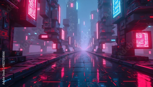 Fototapeta Naklejka Na Ścianę i Meble -  Cyberpunk Essence Reimagined Through Radiant Cubic Urban Structures