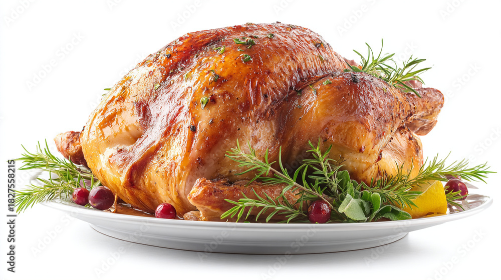 Obraz premium Roasted turkey garnished with rosemary and cranberries on a white plate view
