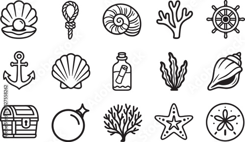 A collection of detailed line art icons related to the marine and ocean themes, perfect for use in nautical-themed designs. 