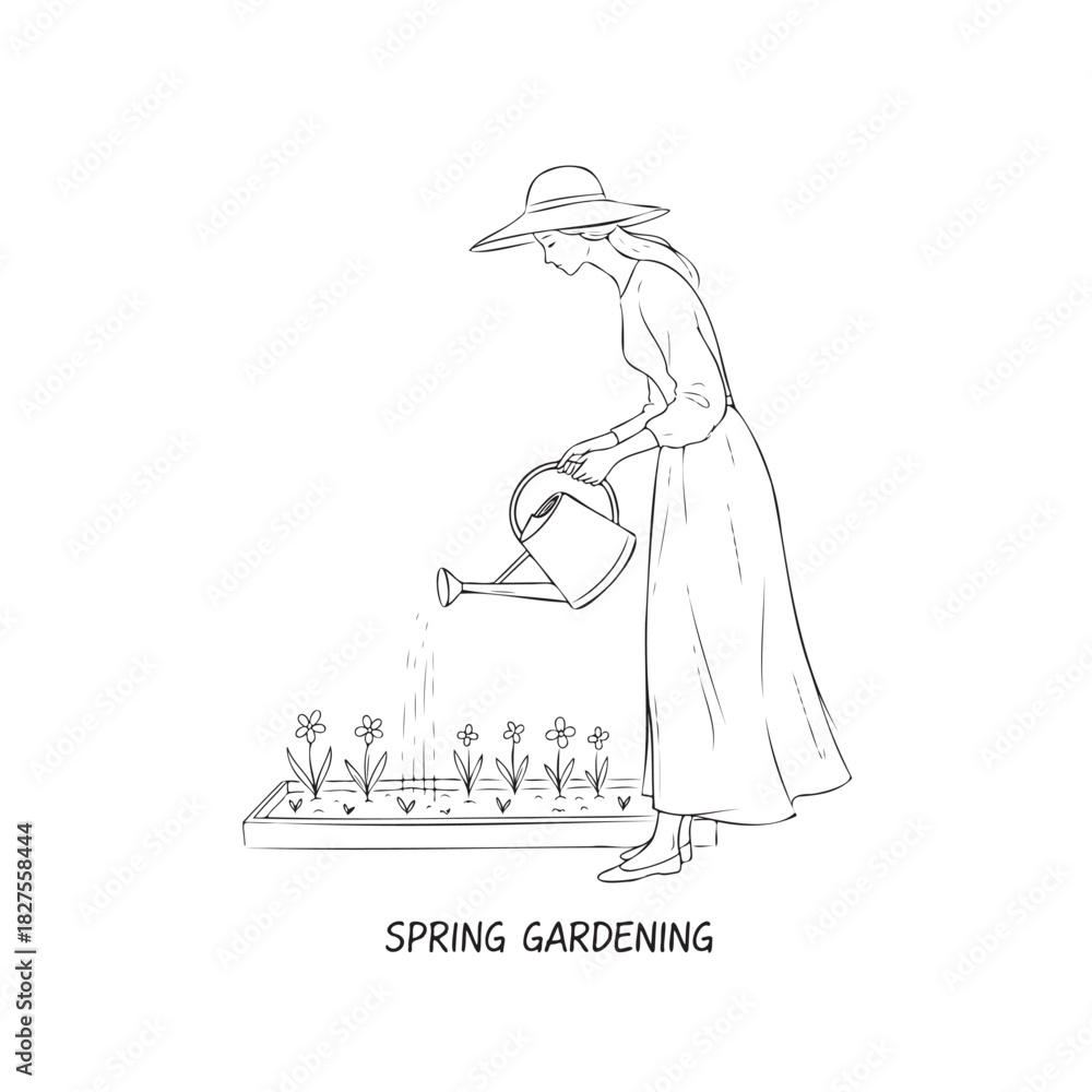 Obraz premium A woman watering flowers in a garden. Spring Gardening. The woman is wearing a hat and a long dress