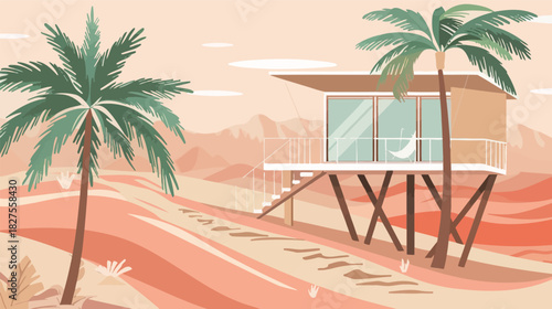 Desert Oasis Palm Treehouse Hidden Near Sand Dunes — Fantasy Nature Illustration
