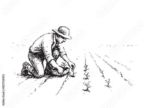 A man is working in a field, digging up plants. The scene is peaceful and serene, with the man focused on his task