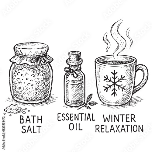 A jar of bath salt, a bottle of essential oil, and a mug of coffee. The image is a drawing of these items, with the words "bath salt," "essential oil," and "coffee" written below them
