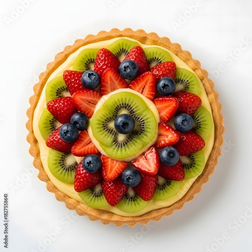 Delicious fruit tart with strawberries blueberries and kiwi on white