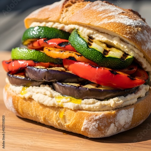 Grilled vegetable sandwich with hummus on rustic bread close up