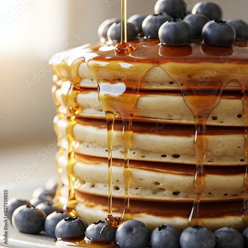 Stack of pancakes with blueberries and maple syrup drizzled on top