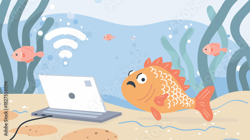 Cartoon Fish Using a Laptop at the Bottom of the Sea Complaining — Funny Underwater Illustration