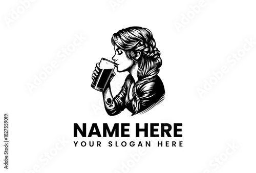 Vintage Woman Drinking Beer Logo Vector Illustration for Your Brand Identity