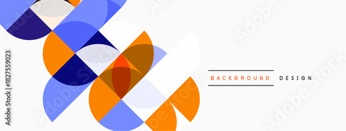 Abstract geometric shapes overlap, creating vibrant visual texture. Orange, blue, purple hues dominate white space. Modern design element.