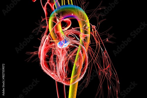 Heart with aortic valve highlighted in blue, 3D illustration.