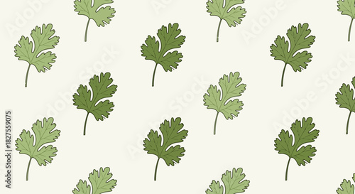 Seamless pattern with fresh green cilantro leaves on light beige background
