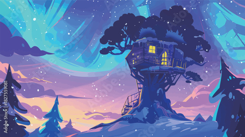 Frosty Treehouse Under Northern Lights — Magical Winter Night Illustration