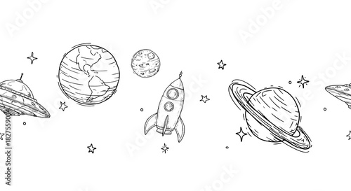 Planets and stars, black and white sketch. Vector illustration. Seamless horizontal border with rocket and ufo isolated on a white background. For postcards, children's parties and textile printing