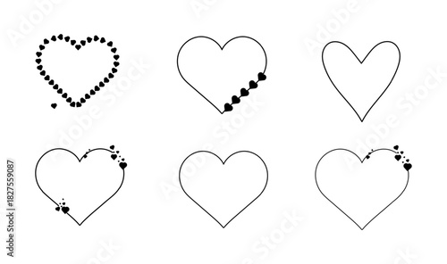 Hearts of different shapes, black and white sketch, simple drawing. vector illustration. A set of hearts is isolated on a white background. Wedding theme, birthday, Valentine's day, fabric design