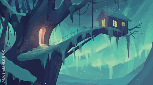 Frosty Treehouse Under Northern Lights — Magical Winter Night Illustration