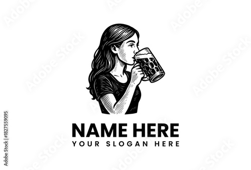Hand-drawn vintage style logo of a woman drinking from a beer mug, detailed vector illustration for a brewery or pub