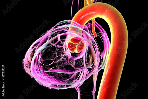 Heart with aorta and aortic valve highlighted in red, 3D illustration.
