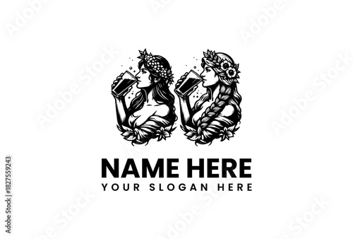 Woman drinking beer logo vector illustration, vintage style design