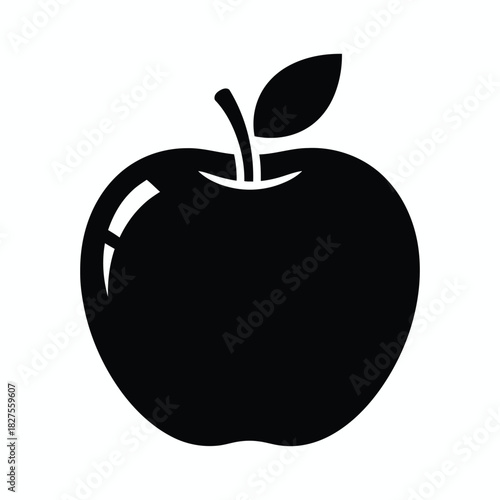 Simple black silhouette of an apple with a stem and leaf