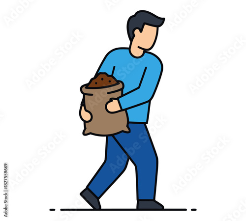 A man in a blue shirt and pants carrying a heavy brown sack of soil or compost.