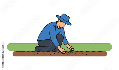 A farmer wearing a blue hat and shirt kneels to plant seeds in a tilled garden row.