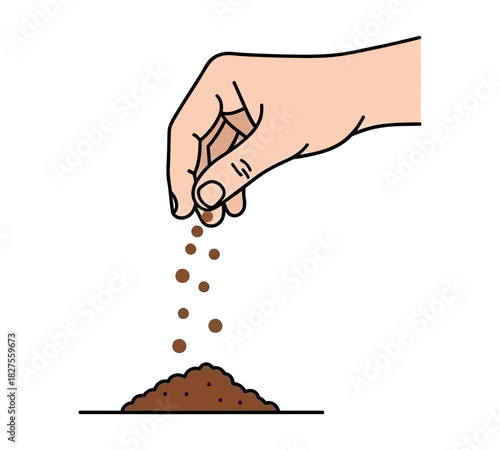 A human hand sprinkling seeds or granular material onto a small mound of soil, illustrating the act of planting or sowing.