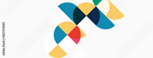 Abstract colorful semicircles overlap, creating dynamic composition. White background provides contrast, simple design.